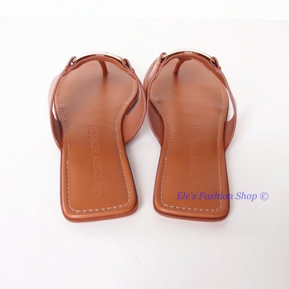 NIB Tory Burch Georgia Logo Leather Thong Sandal Aged Camello US 7 7.5 8 9 9.5 - Picture 15 of 16